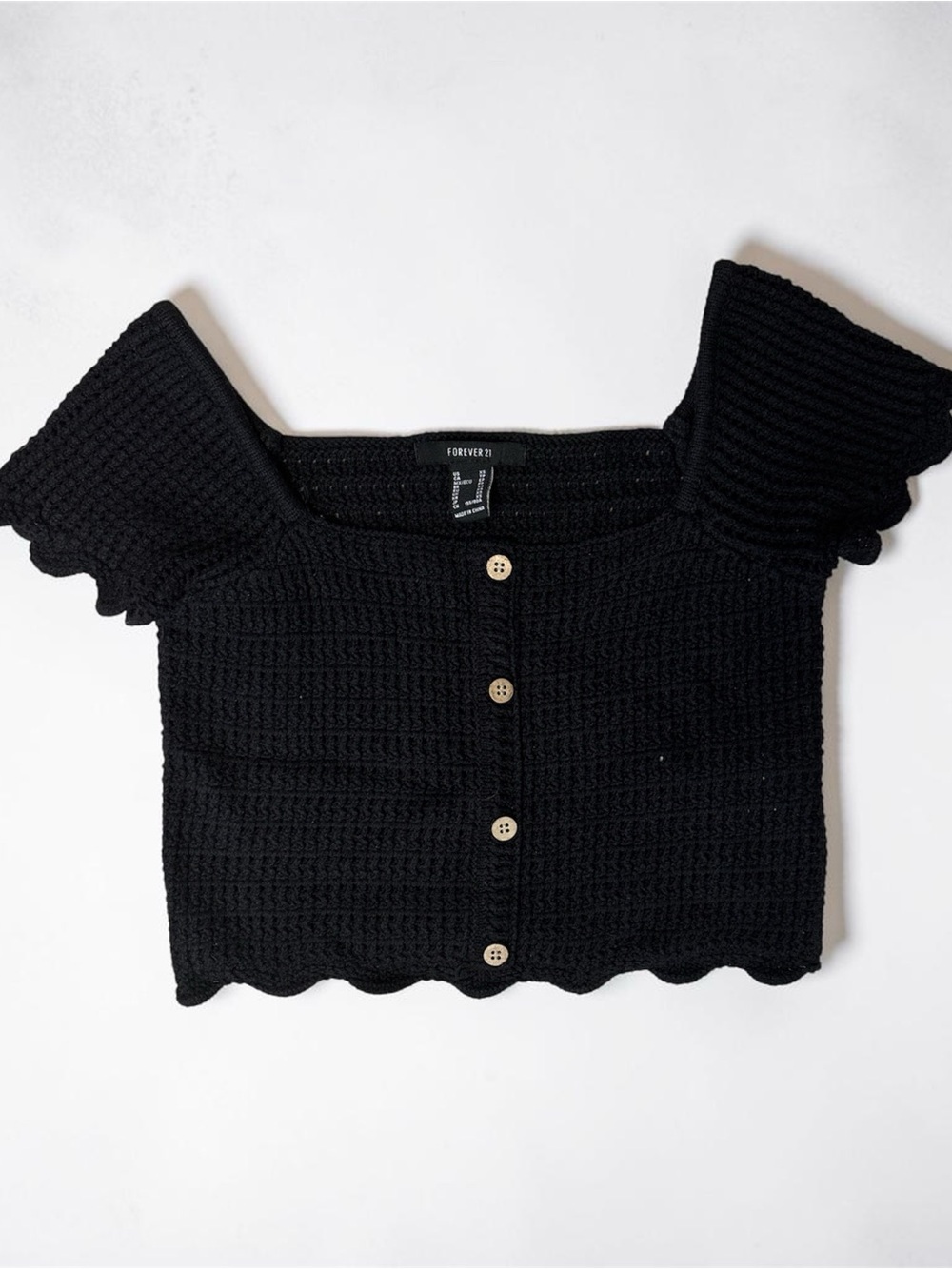 Forever 21 Black Crochet Button-Front Puff Sleeve Top